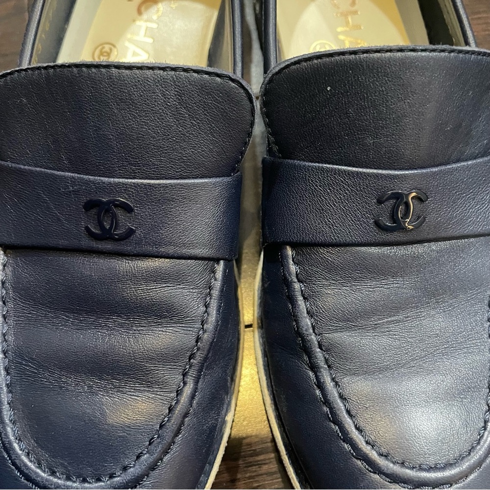 CHANEL Navy Leather Penny Loafers - Picture 3 of 12